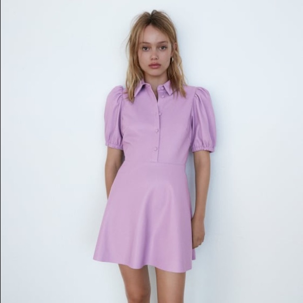 NAT ZARA FAUX LEATHER MINI DRESS PUFF SLEEVES